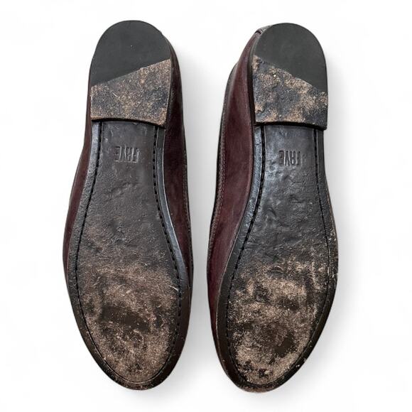 Frye 8 Carson Ballet Flat Dark Brown Italian Leather Round Toe Slip-On Logo Work - Picture 5 of 8